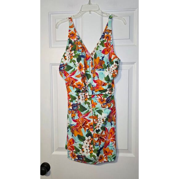 Denim& Co Beach V-Neck Wrap Front Swim Dress Tropical Size 16 - Picture 1 of 7